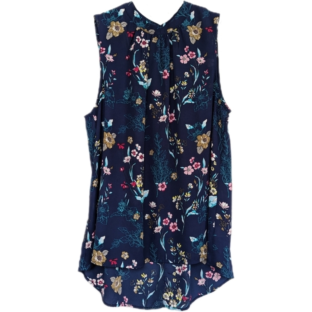 DR2 Blue Floral Sleeveless Gathered Neck Lightweight Blouse Tank Unlined- sz XL